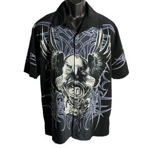 Vintage Dragonfly Roadhouse Button Up Club Shirt L Black Eagle AOP Short Sleeves
